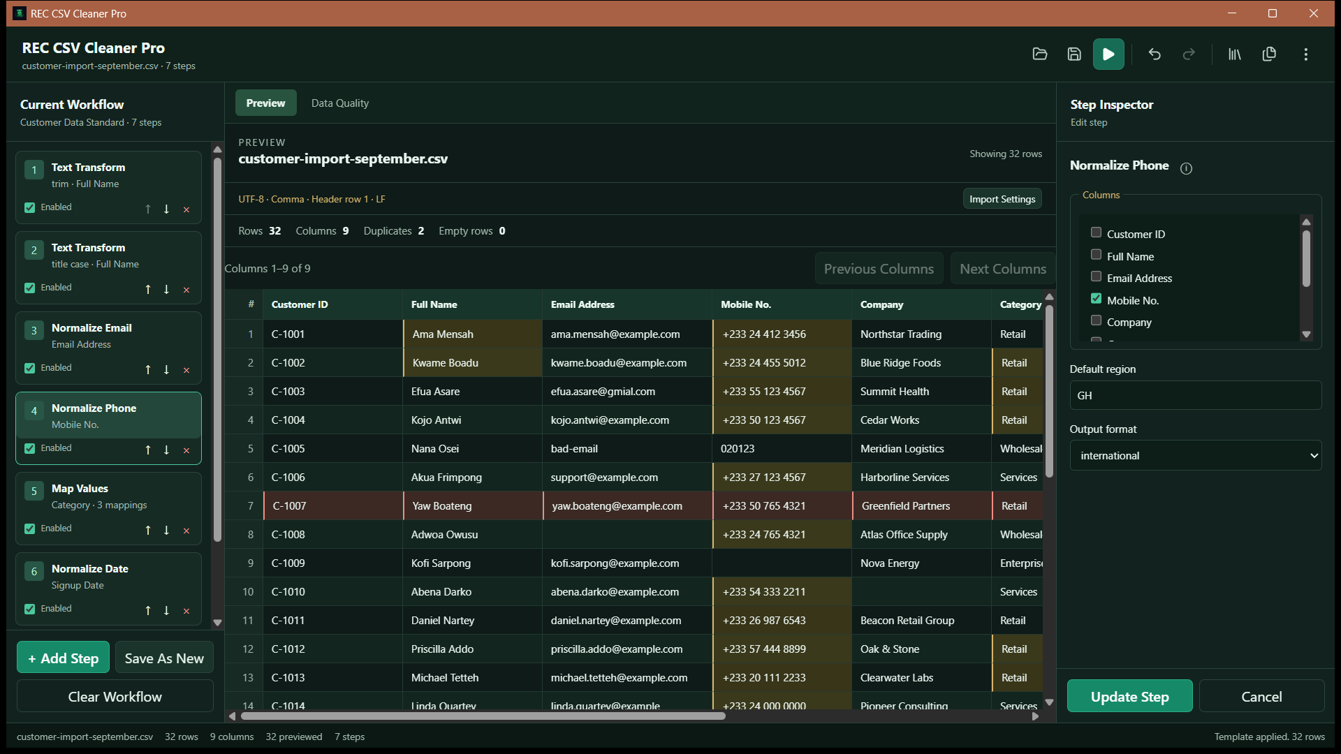 REC CSV Cleaner Pro main workspace showing an ordered data-cleaning workflow