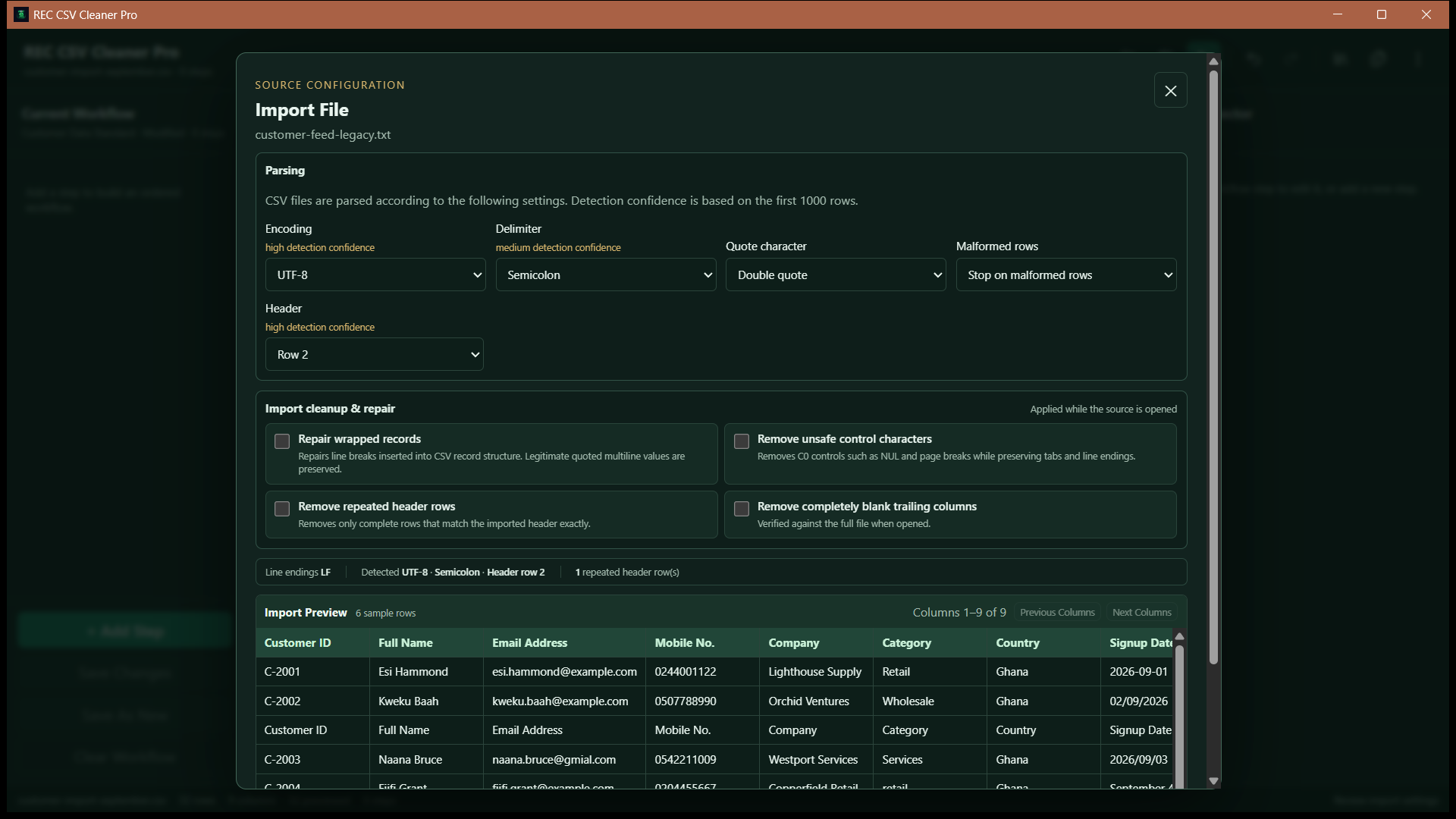 REC CSV Cleaner Pro import review with file structure and import controls