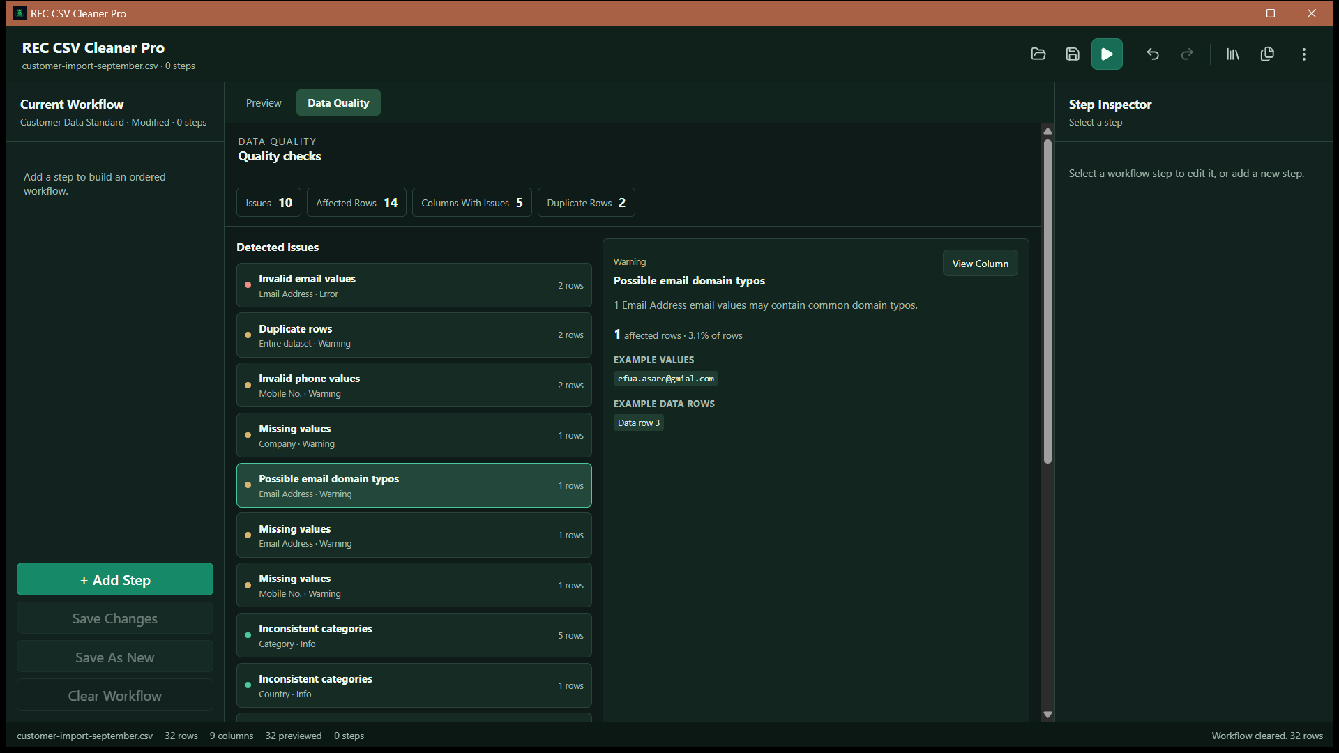 REC CSV Cleaner Pro Data Quality Center showing validation and quality checks