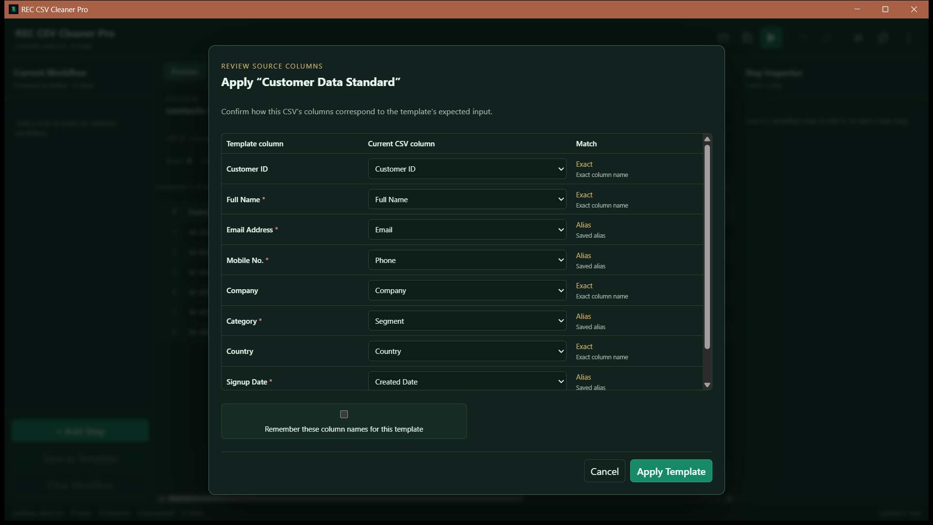REC CSV Cleaner Pro schema-aware template mapping source columns to a saved workflow