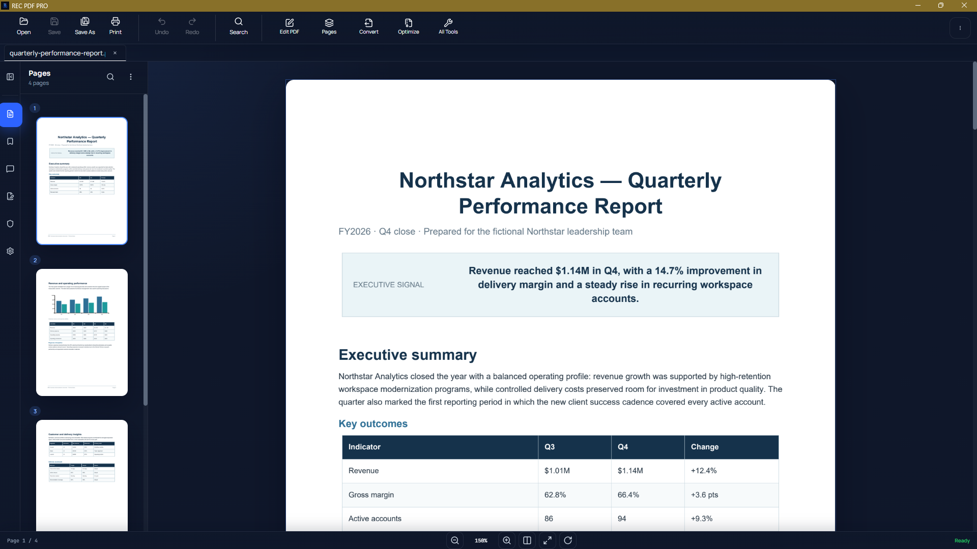 REC PDF PRO with a quarterly performance report open and page thumbnails visible