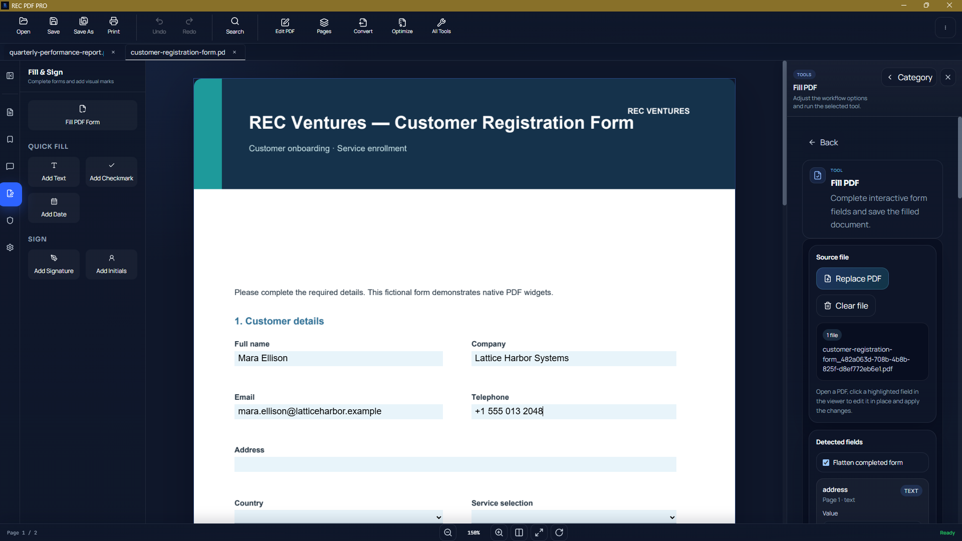 REC PDF PRO Fill and Sign workspace with a customer registration form open