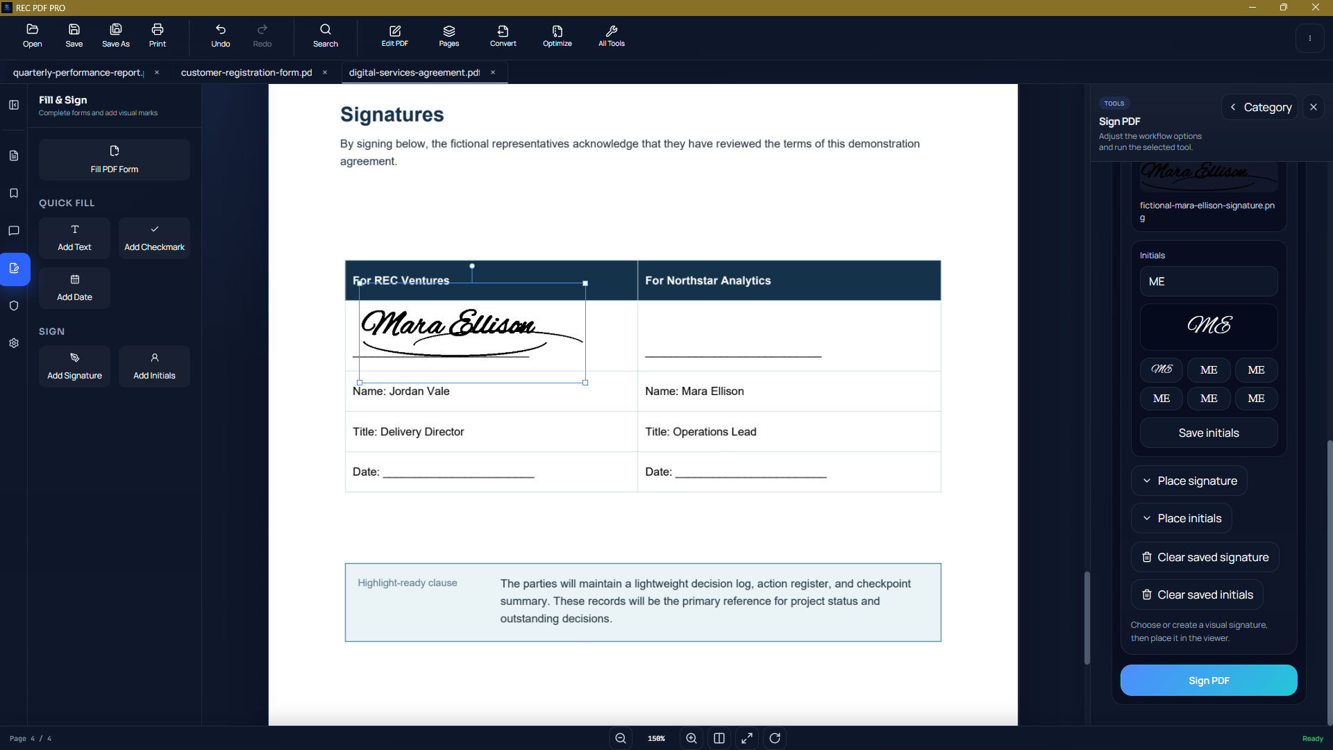 REC PDF PRO signature and initials placement interface