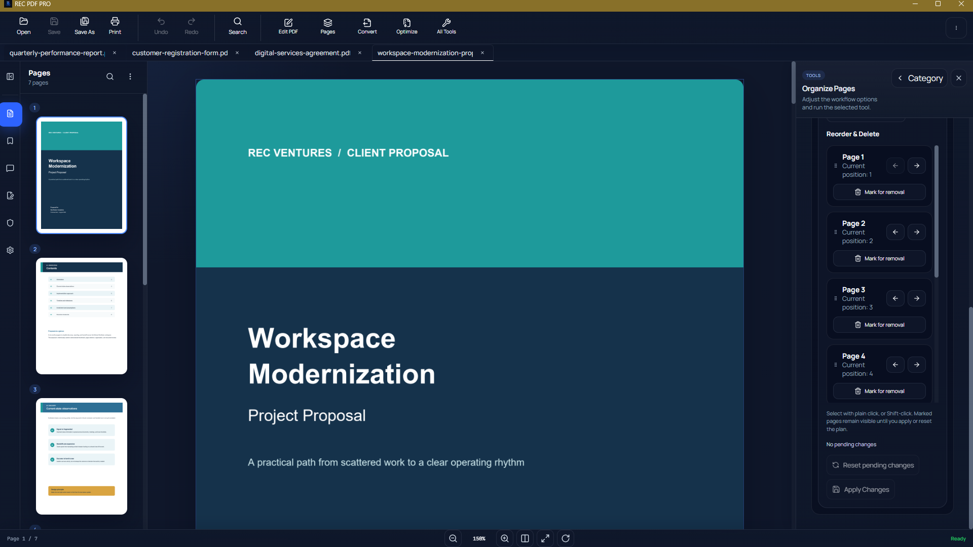 REC PDF PRO page organization workspace with page thumbnails and reorder controls visible