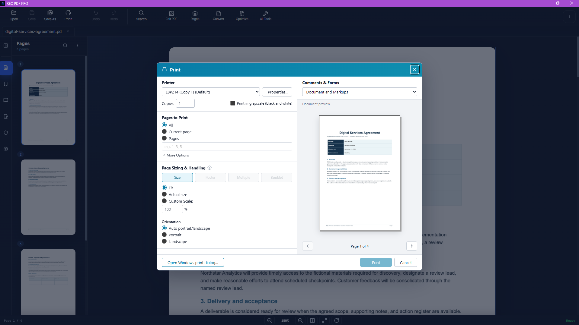 REC PDF PRO print preview with page range, scaling, and orientation settings visible