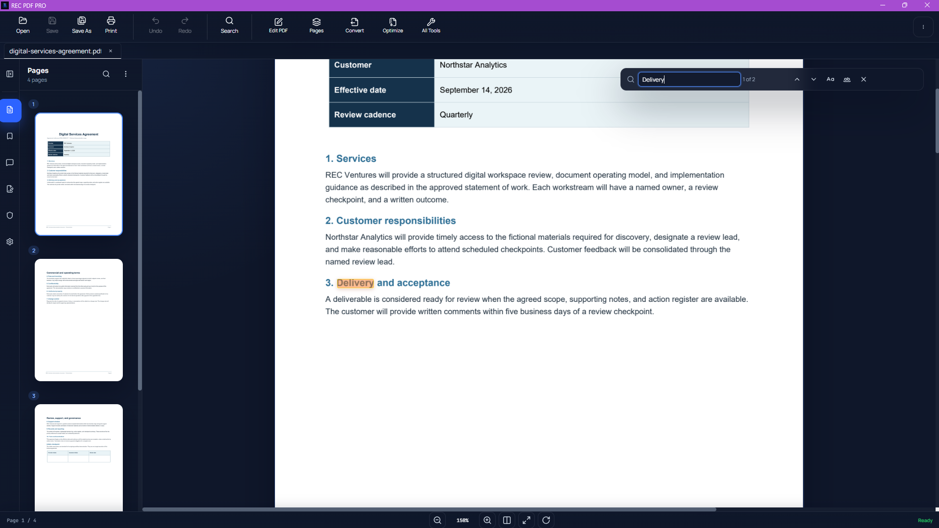 REC PDF PRO document search bar with a highlighted text result
