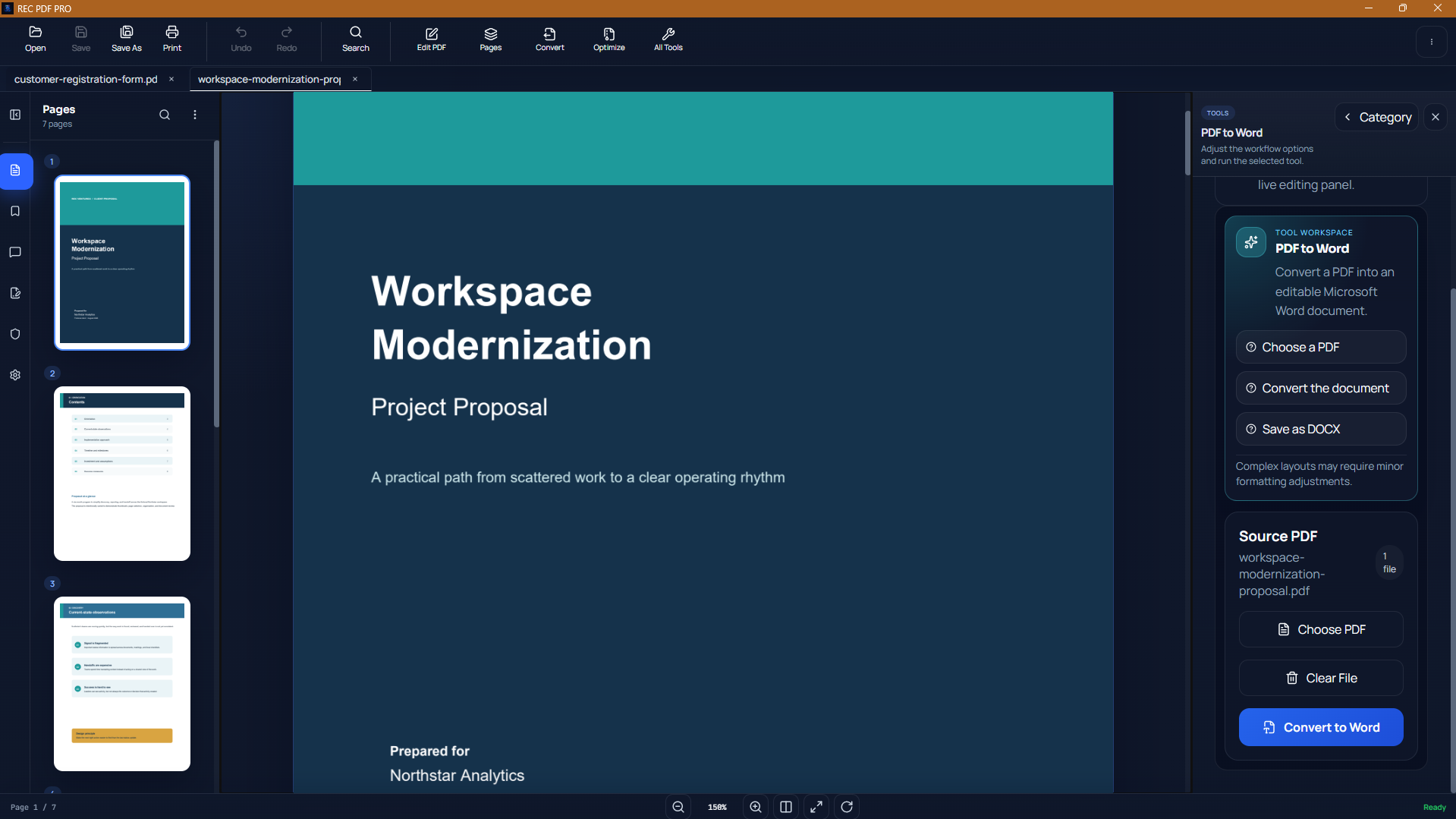REC PDF PRO PDF to Word conversion tool on Windows