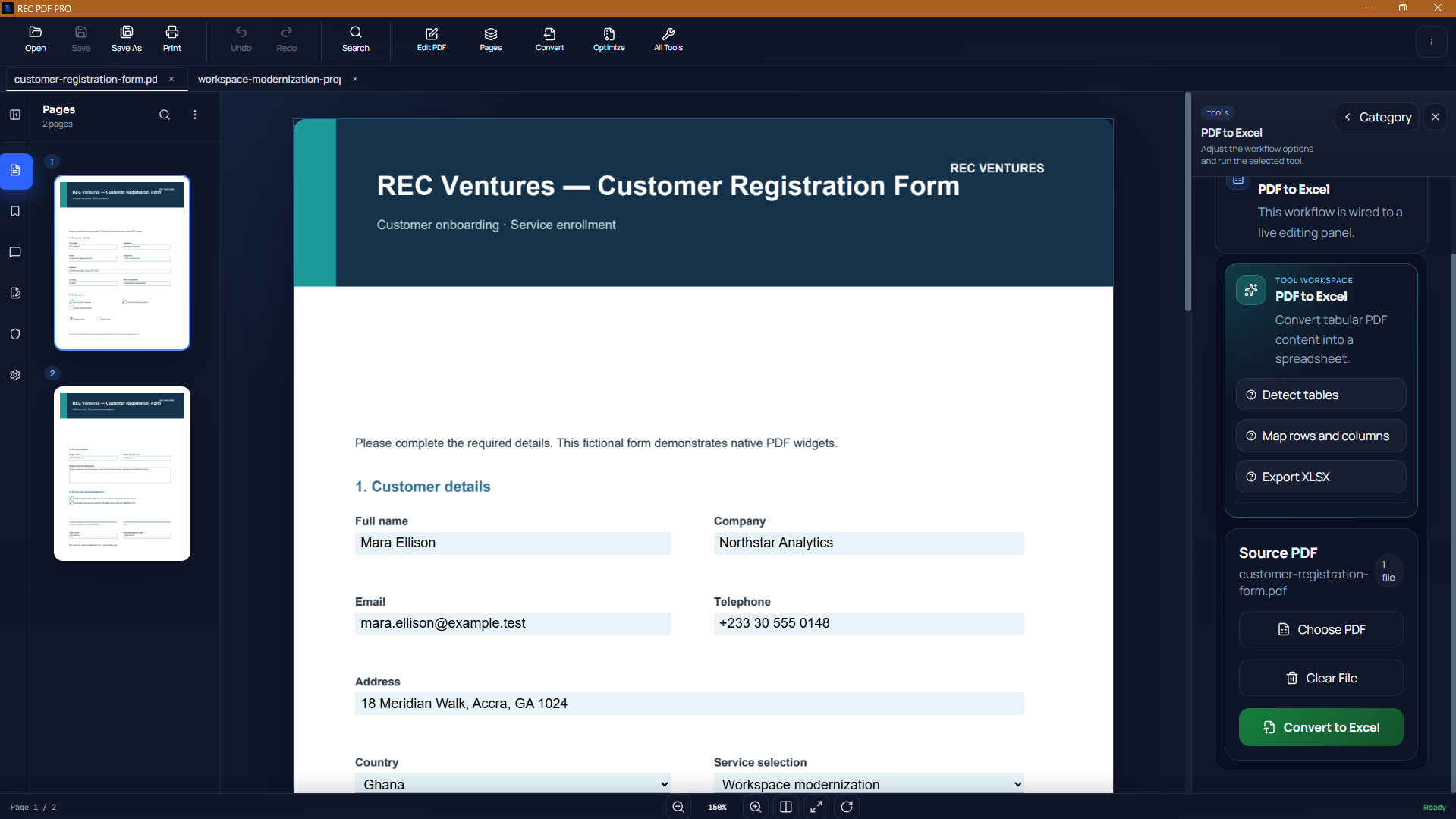 REC PDF PRO PDF to Excel conversion tool on Windows
